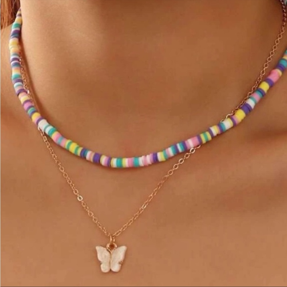 2 pc butterfly gold chain colorful beaded chain necklace set